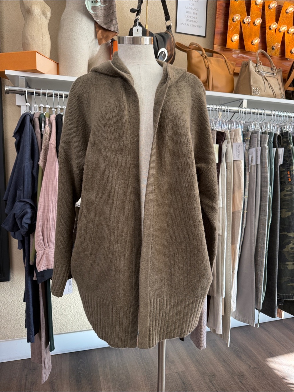 360 Cashmere 100% Cashmere Open Front Sweater with Hoodie in Olive M/L